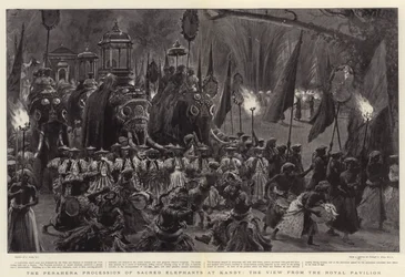 De Perahera Processie van Heilige Olifanten in Kandy, het Uitzicht vanaf het Koninklijk Paviljoen